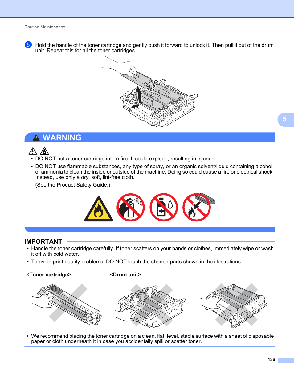 Warning, Important, Toner cartridge> <drum unit | Brother HL-L9200CDWT User Manual | Page 143 / 228