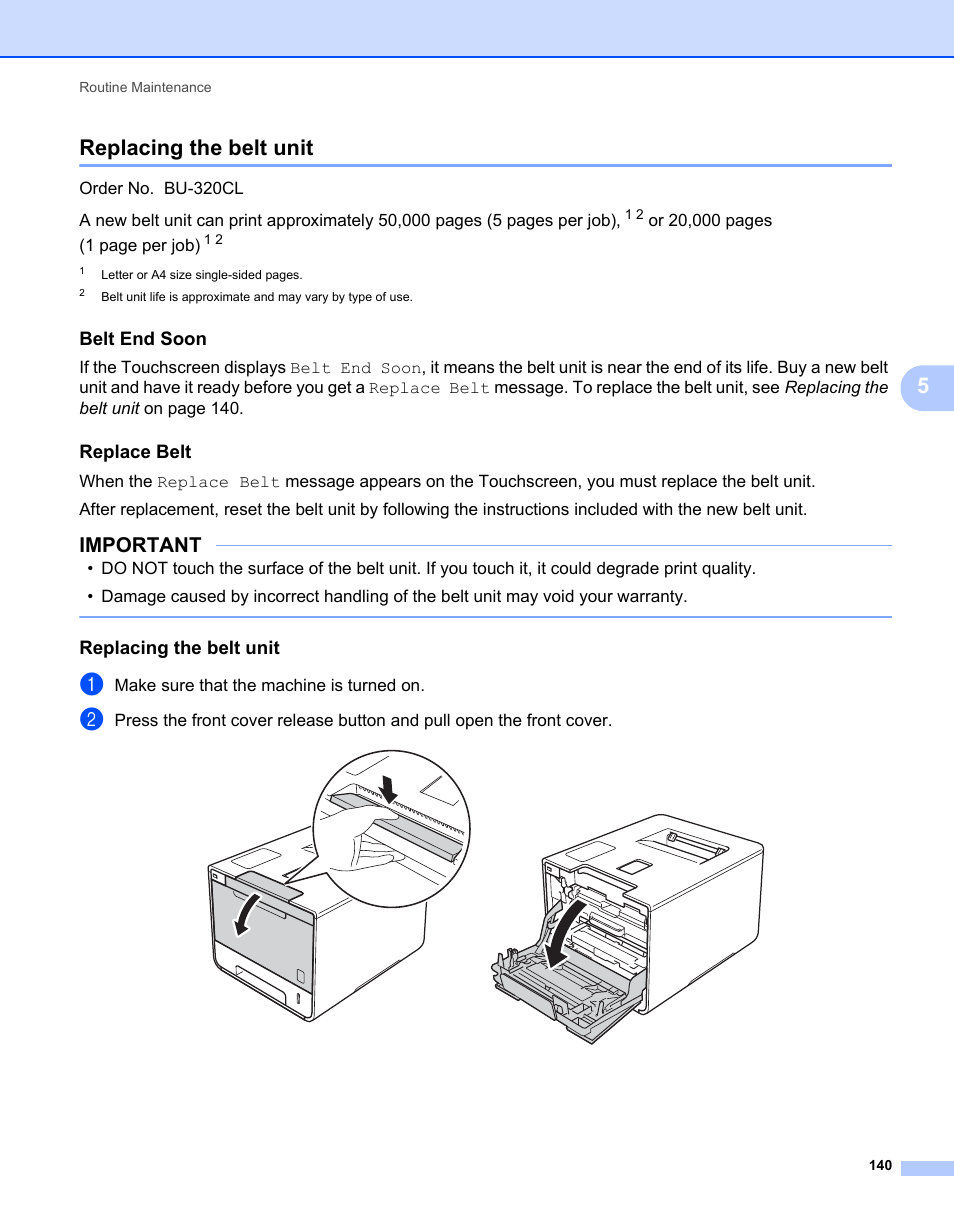 Replacing the belt unit, Belt end soon, Replace belt | 5replacing the belt unit, Important | Brother HL-L9200CDWT User Manual | Page 147 / 228