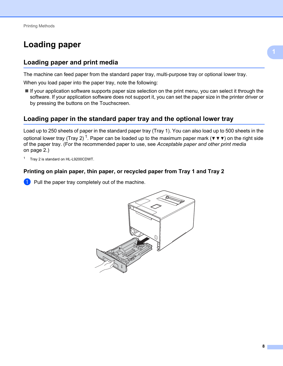 Loading paper, Loading paper and print media | Brother HL-L9200CDWT User Manual | Page 15 / 228