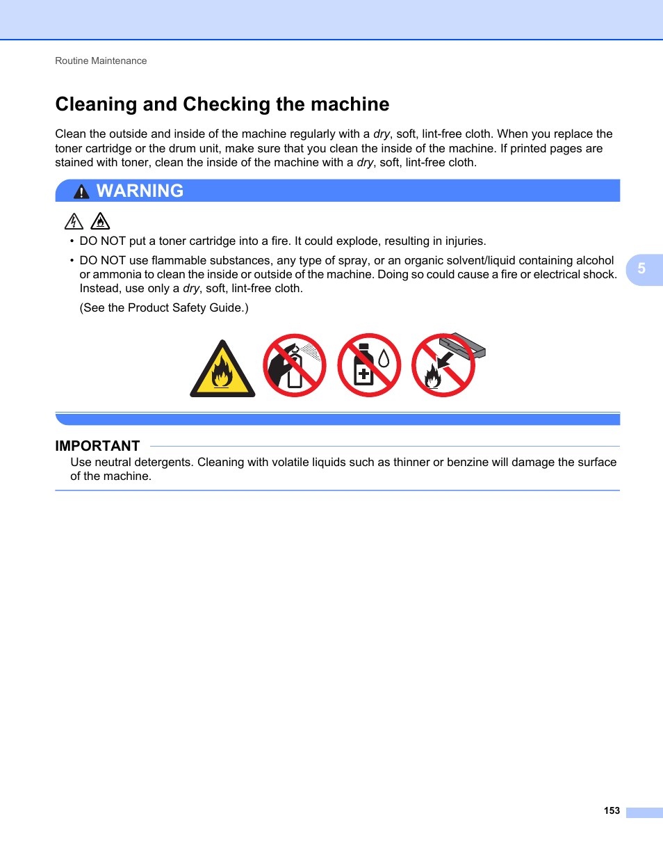 Cleaning and checking the machine, Cleaning and checking, Warning | Important | Brother HL-L9200CDWT User Manual | Page 160 / 228