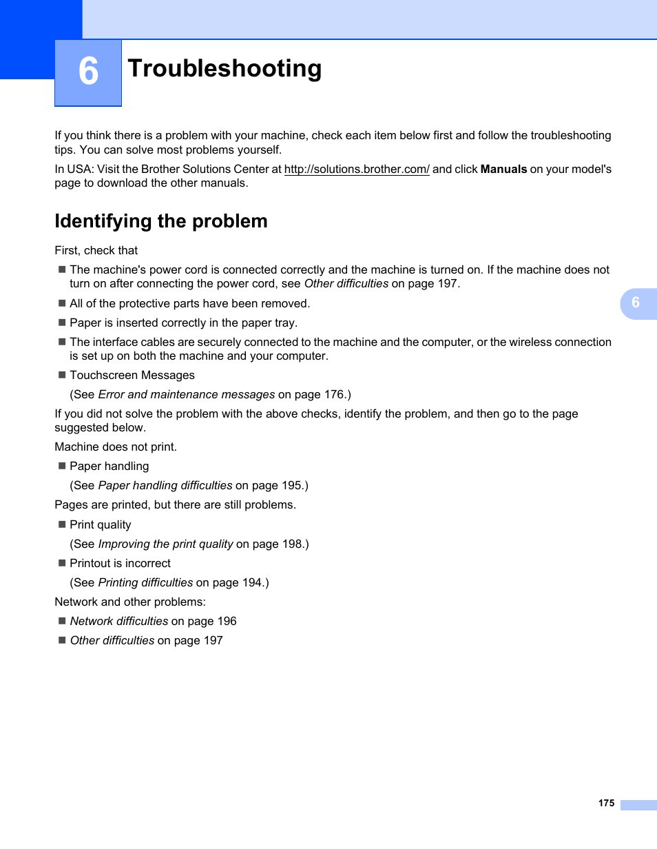 6 troubleshooting, Identifying the problem, Troubleshooting | Brother HL-L9200CDWT User Manual | Page 182 / 228