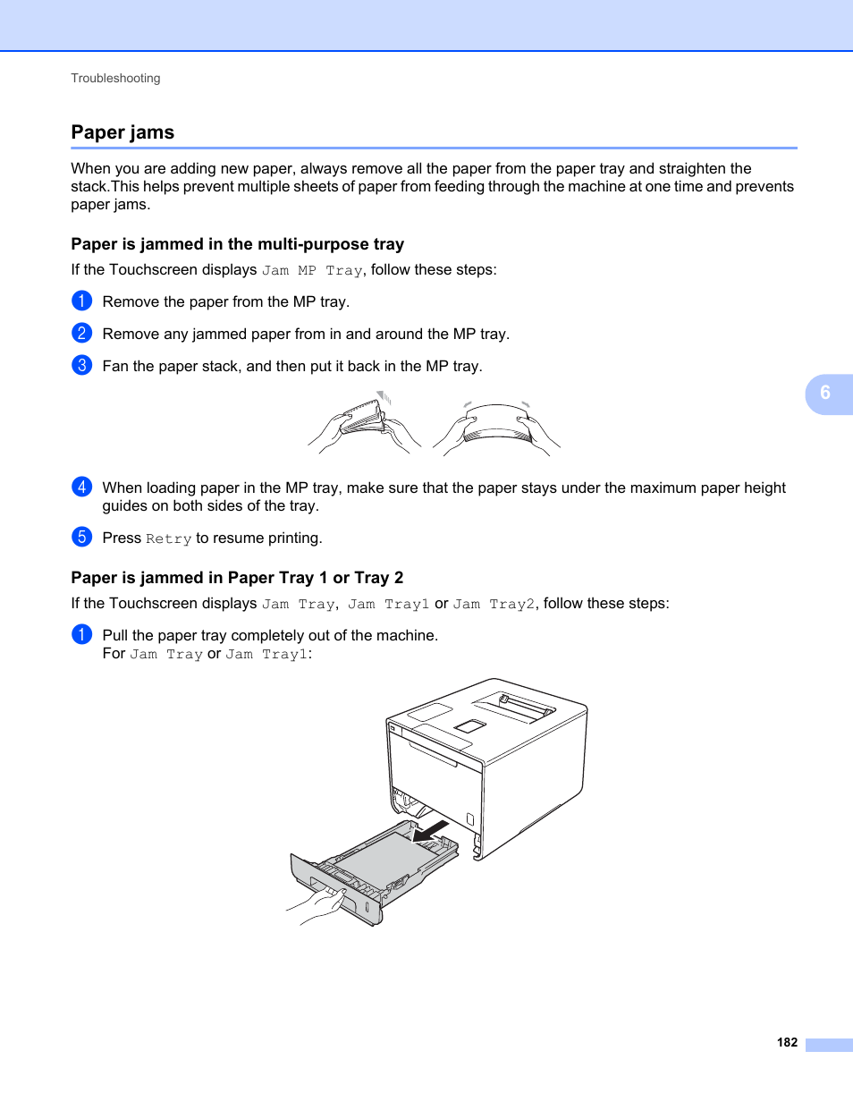 Paper jams, Paper is jammed in the multi-purpose tray, Paper is jammed in paper tray 1 or tray 2 | 6paper jams | Brother HL-L9200CDWT User Manual | Page 189 / 228