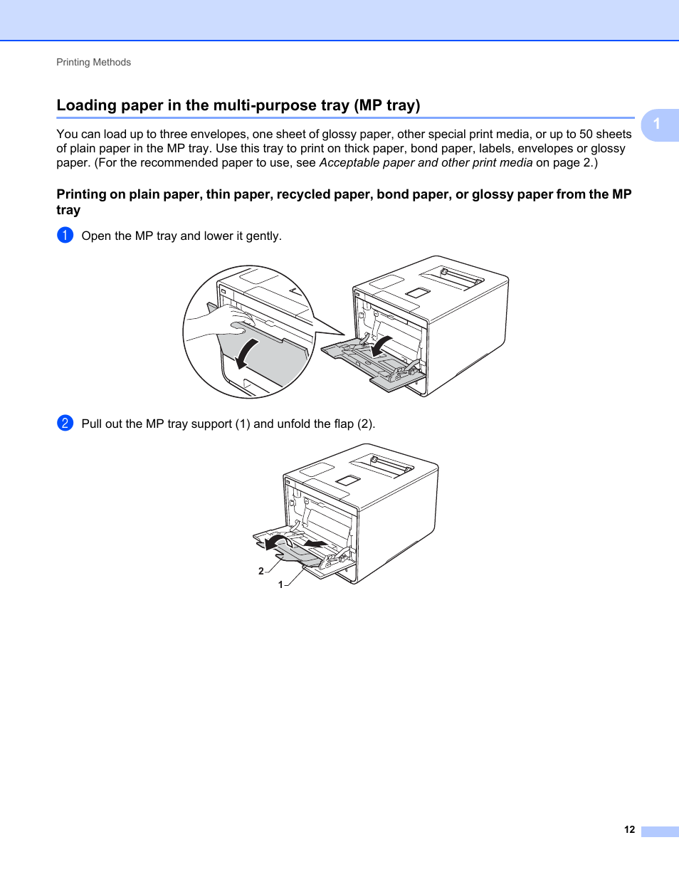 Loading paper in the multi-purpose tray (mp tray), 1loading paper in the multi-purpose tray (mp tray) | Brother HL-L9200CDWT User Manual | Page 19 / 228