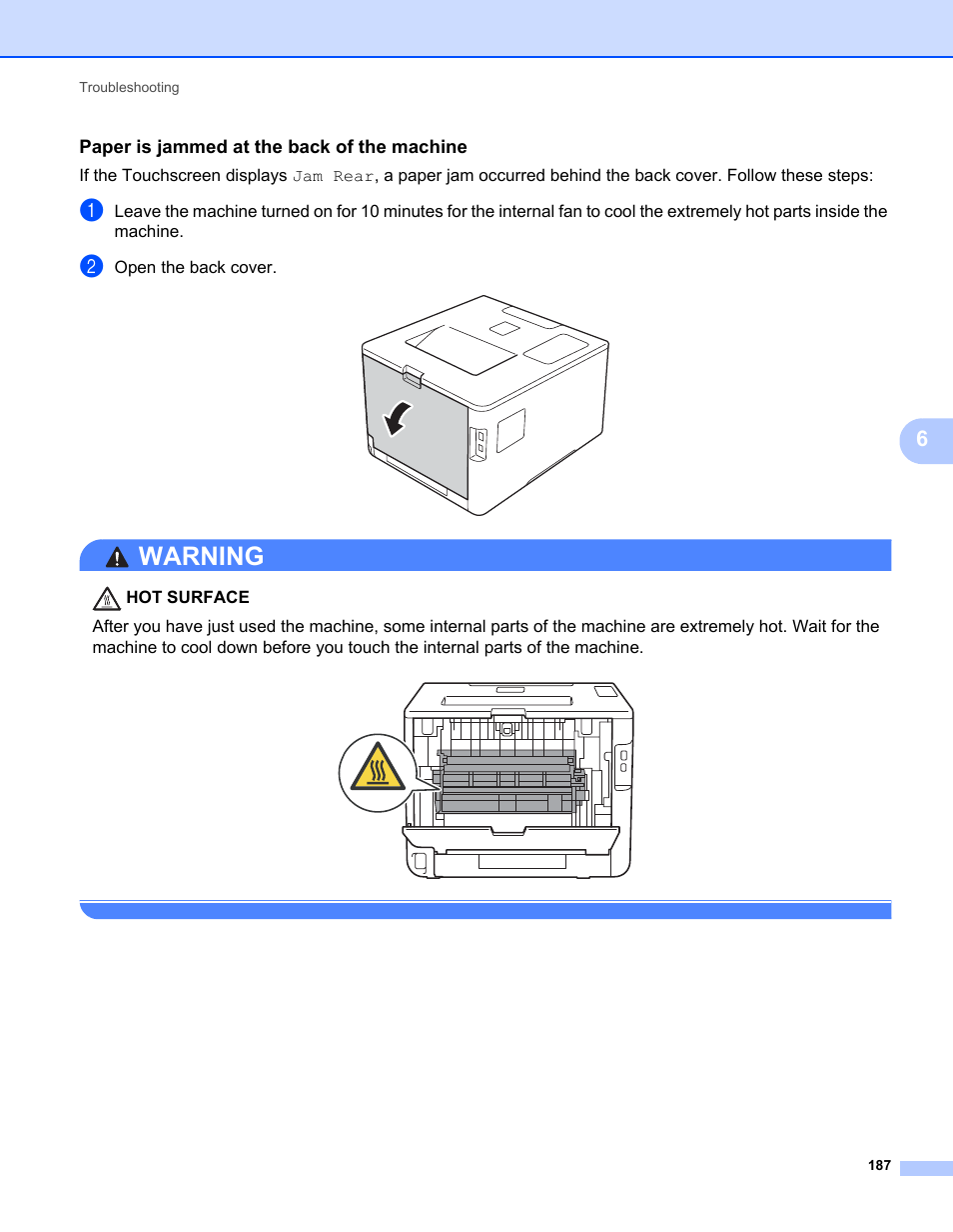Paper is jammed at the back of the machine, Warning | Brother HL-L9200CDWT User Manual | Page 194 / 228