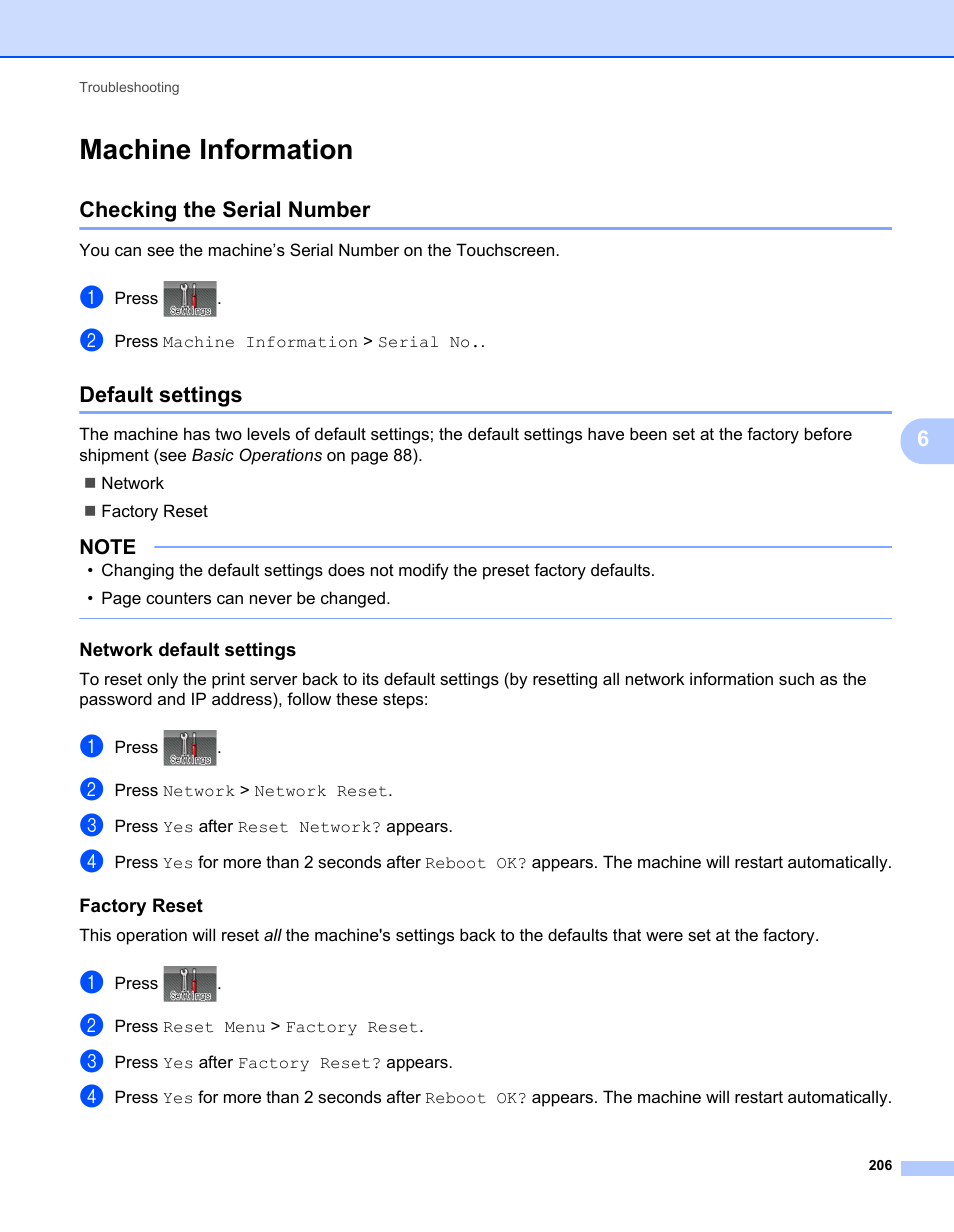 Machine information, Checking the serial number, Default settings | Network default settings, Factory reset, Checking the serial number default settings | Brother HL-L9200CDWT User Manual | Page 213 / 228