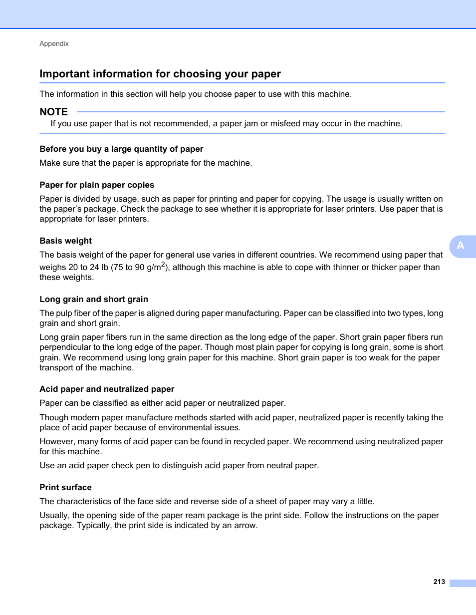 Important information for choosing your paper, Aimportant information for choosing your paper, Before you buy a large quantity of paper | Brother HL-L9200CDWT User Manual | Page 220 / 228