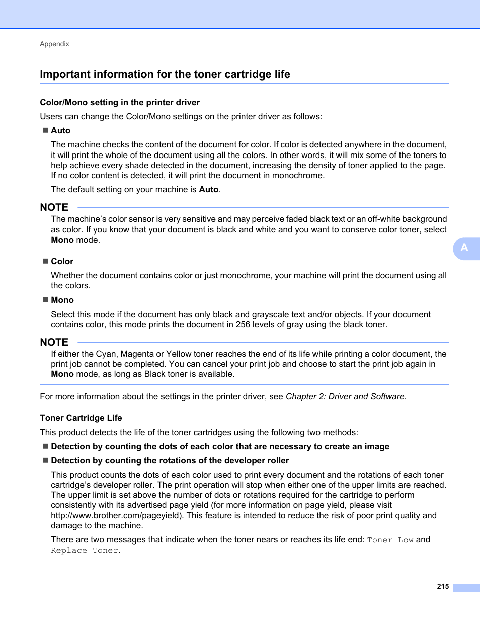 Important information for the toner cartridge life | Brother HL-L9200CDWT User Manual | Page 222 / 228