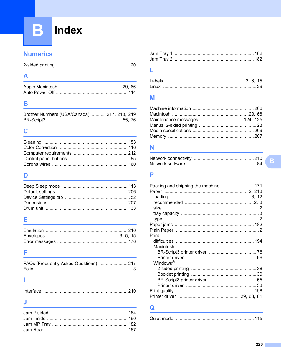 Index, Bnumerics | Brother HL-L9200CDWT User Manual | Page 227 / 228