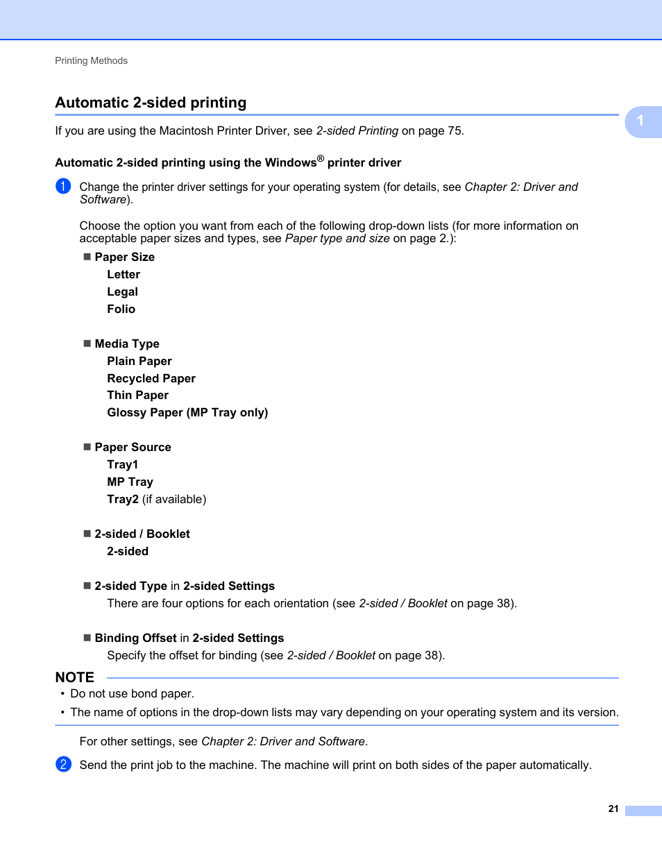 Automatic 2-sided printing, 1automatic 2-sided printing | Brother HL-L9200CDWT User Manual | Page 28 / 228