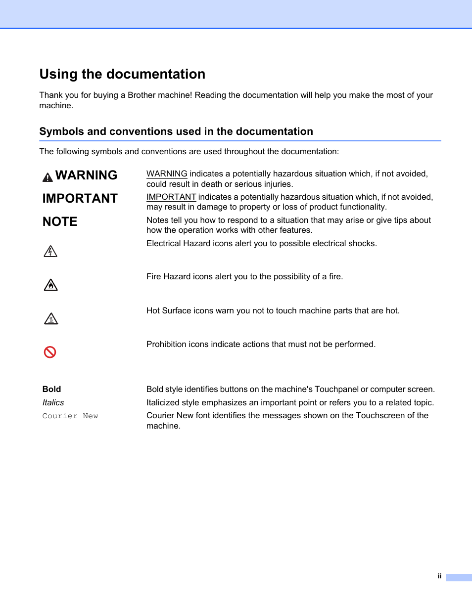 Using the documentation, Symbols and conventions used in the documentation, Warning | Important | Brother HL-L9200CDWT User Manual | Page 3 / 228