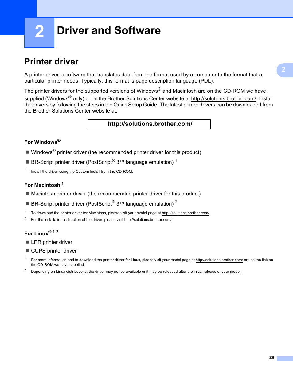 2 driver and software, Printer driver, Driver and software | Chapter 2: driver and software, Chapter 2: driver and, Software | Brother HL-L9200CDWT User Manual | Page 36 / 228