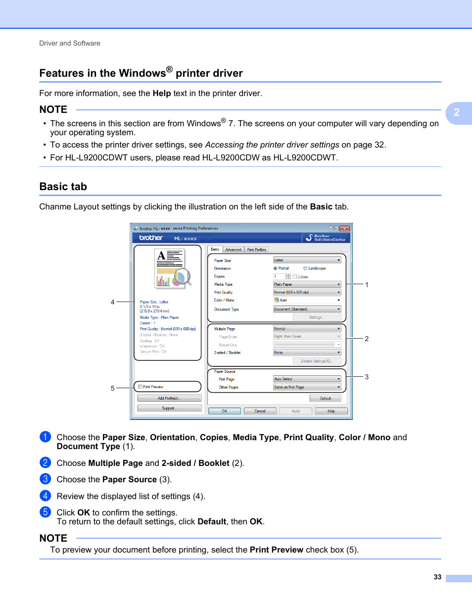 Features in the windows® printer driver, Basic tab, Features in the windows | Printer driver, 2features in the windows | Brother HL-L9200CDWT User Manual | Page 40 / 228
