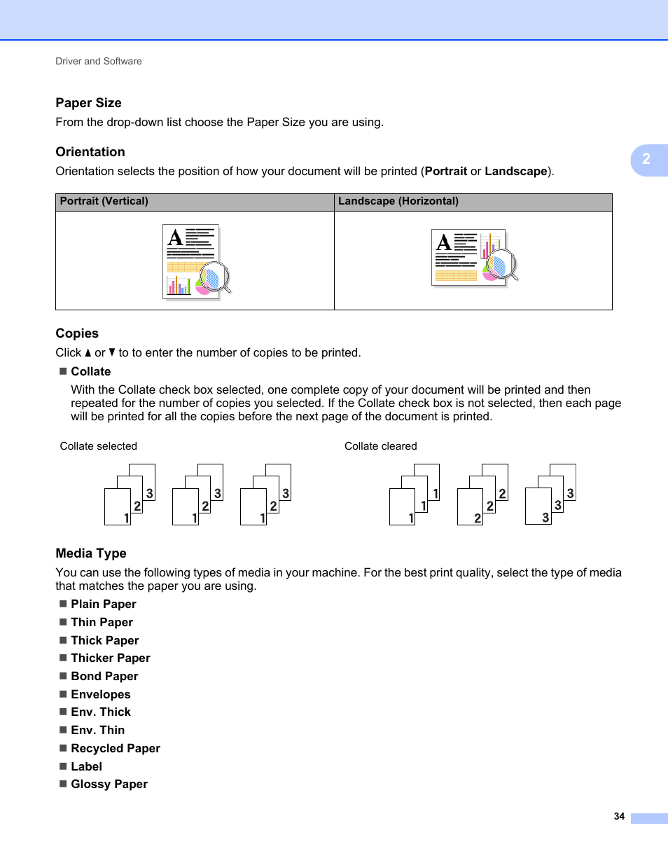 Paper size, Orientation, Copies | Media type | Brother HL-L9200CDWT User Manual | Page 41 / 228