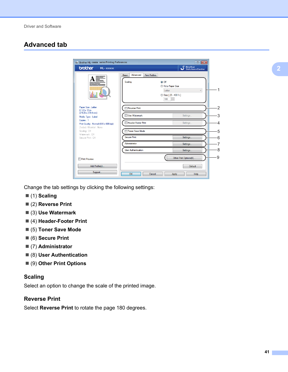 Advanced tab, Scaling, Reverse print | 2advanced tab | Brother HL-L9200CDWT User Manual | Page 48 / 228