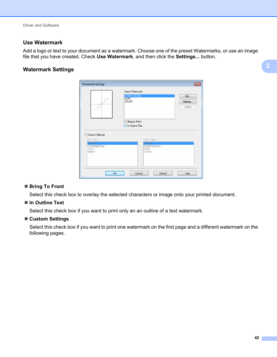 Use watermark, Watermark settings | Brother HL-L9200CDWT User Manual | Page 49 / 228