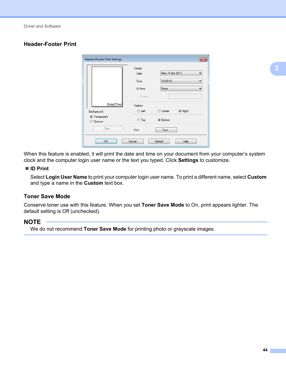 Header-footer print, Toner save mode | Brother HL-L9200CDWT User Manual | Page 51 / 228