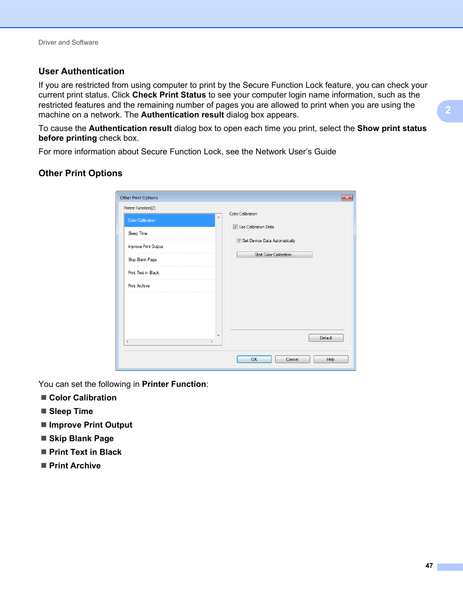 User authentication, Other print options | Brother HL-L9200CDWT User Manual | Page 54 / 228