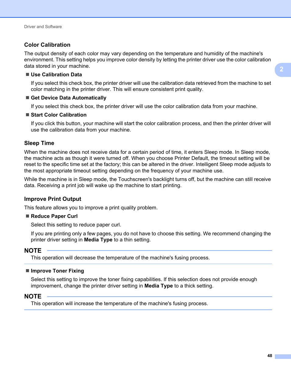 Color calibration, Sleep time, Improve print output | Brother HL-L9200CDWT User Manual | Page 55 / 228