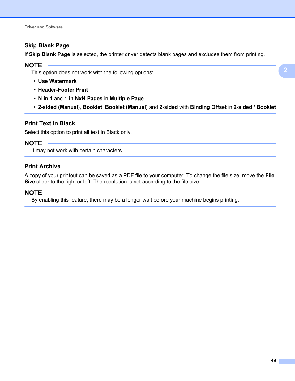 Print text in black, Print archive, Skip blank page | Brother HL-L9200CDWT User Manual | Page 56 / 228