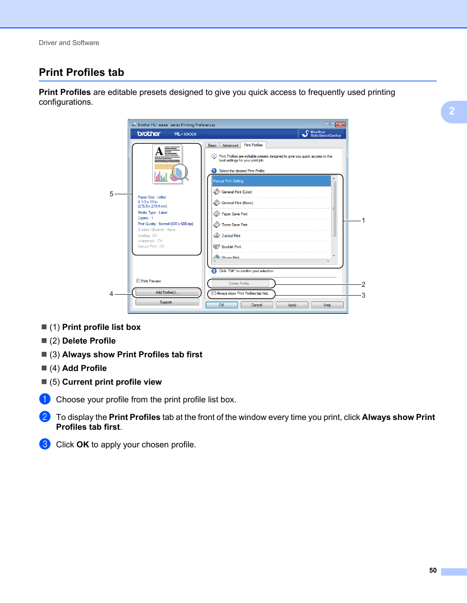 Print profiles tab, 2print profiles tab | Brother HL-L9200CDWT User Manual | Page 57 / 228