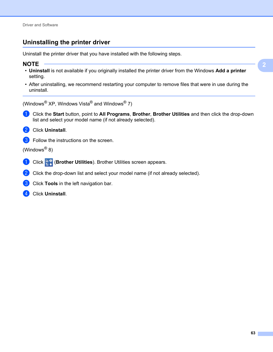 Uninstalling the printer driver, 2uninstalling the printer driver | Brother HL-L9200CDWT User Manual | Page 70 / 228