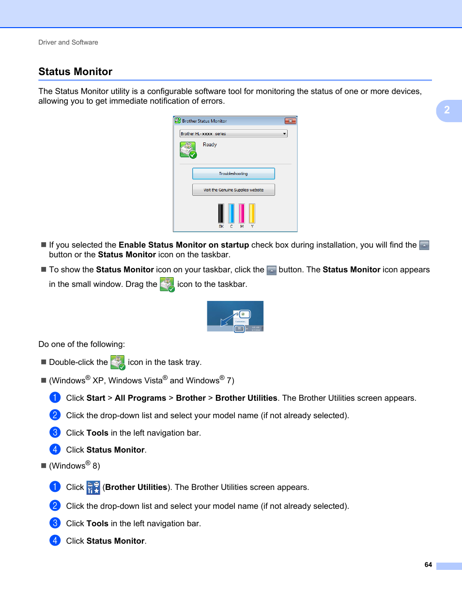 Status monitor, 2status monitor | Brother HL-L9200CDWT User Manual | Page 71 / 228