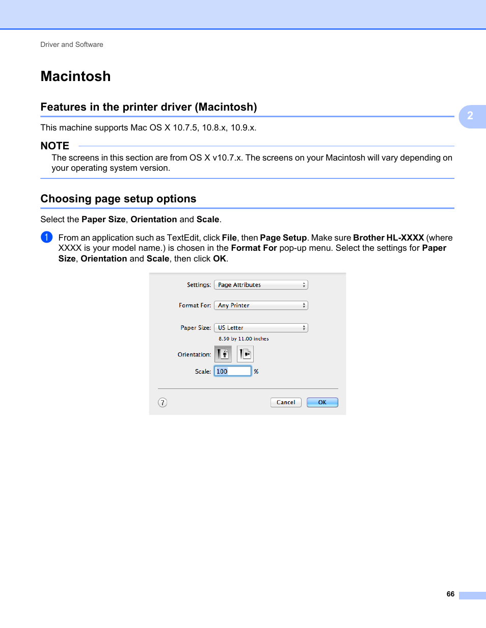 Macintosh, Features in the printer driver (macintosh), Choosing page setup options | Brother HL-L9200CDWT User Manual | Page 73 / 228