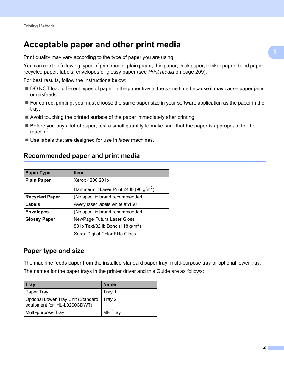Acceptable paper and other print media, Recommended paper and print media, Paper type and size | Brother HL-L9200CDWT User Manual | Page 9 / 228