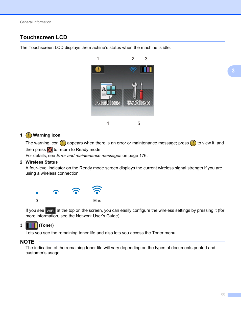 Touchscreen lcd, 3touchscreen lcd | Brother HL-L9200CDWT User Manual | Page 93 / 228