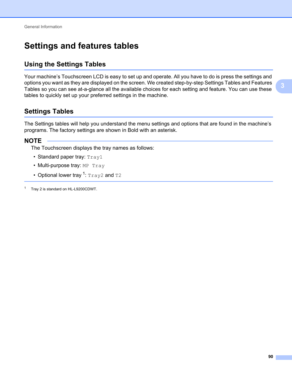 Settings and features tables, Using the settings tables, Settings tables | Using the settings tables settings tables | Brother HL-L9200CDWT User Manual | Page 97 / 228