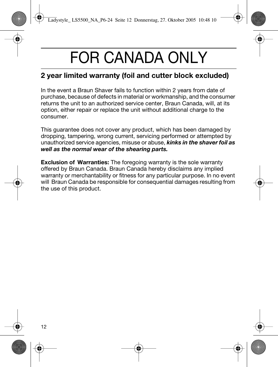 For canada only | Braun LS 5550 User Manual | Page 11 / 23