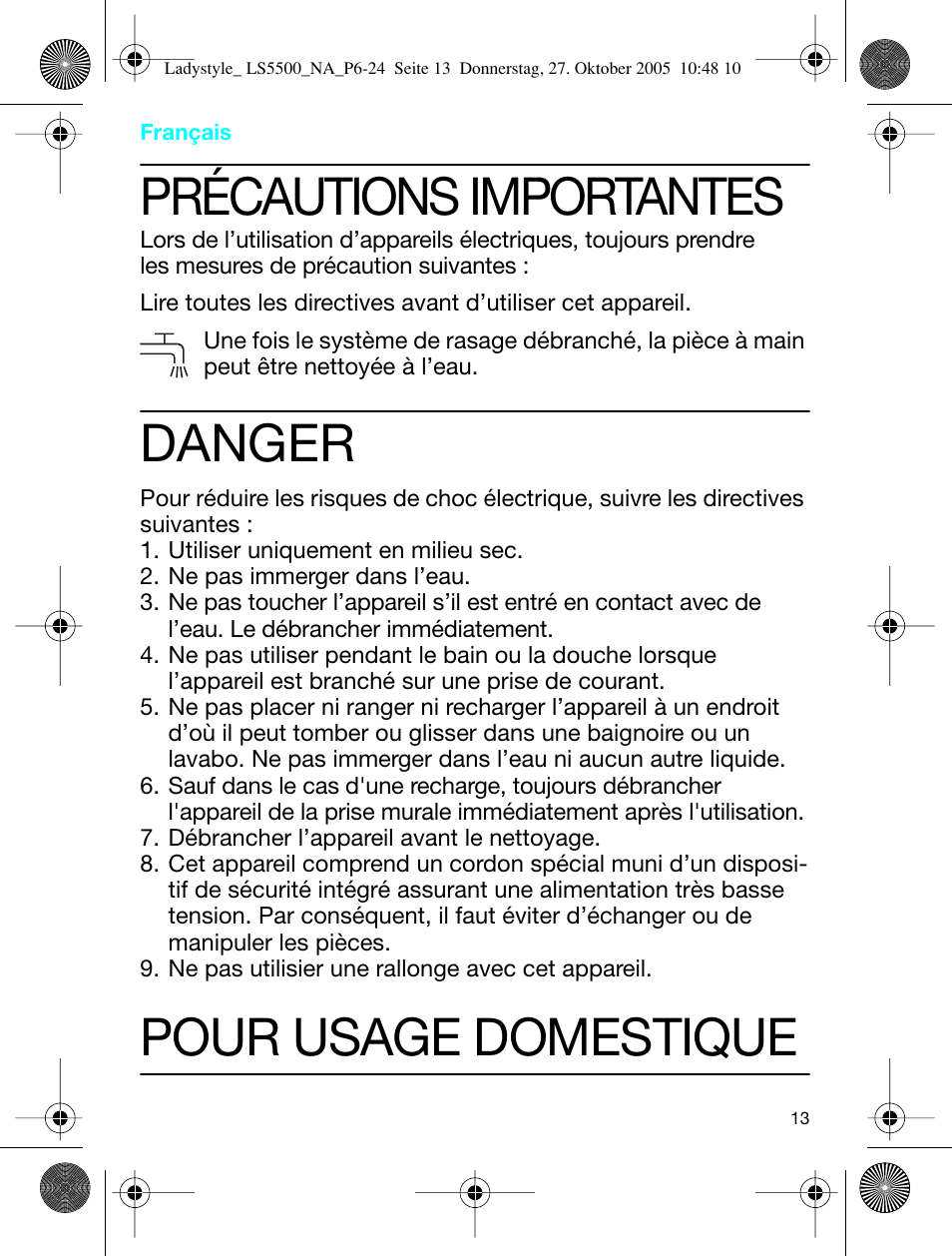Précautions importantes, Danger, Pour usage domestique | Braun LS 5550 User Manual | Page 12 / 23