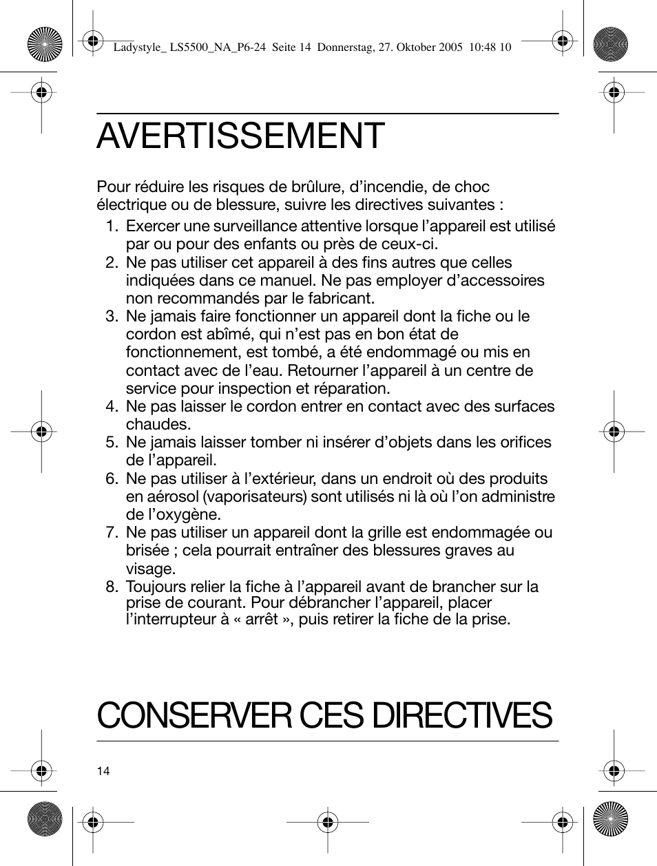 Avertissement, Conserver ces directives | Braun LS 5550 User Manual | Page 13 / 23