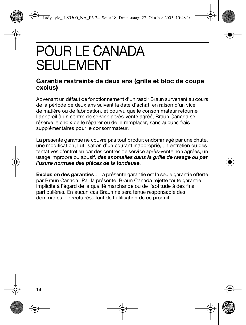 Pour le canada seulement | Braun LS 5550 User Manual | Page 17 / 23