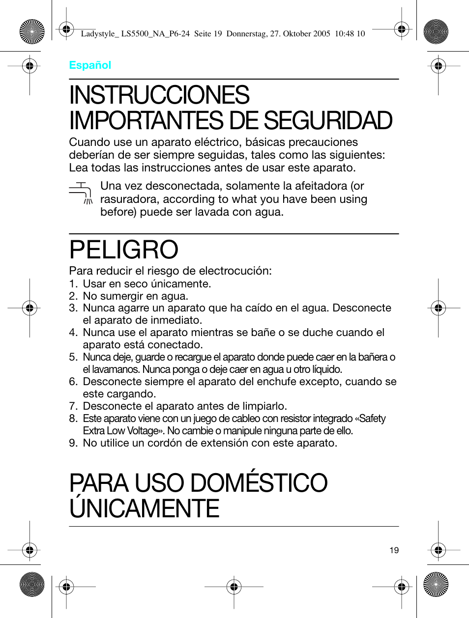 Instrucciones importantes de seguridad, Peligro, Para uso doméstico únicamente | Braun LS 5550 User Manual | Page 18 / 23