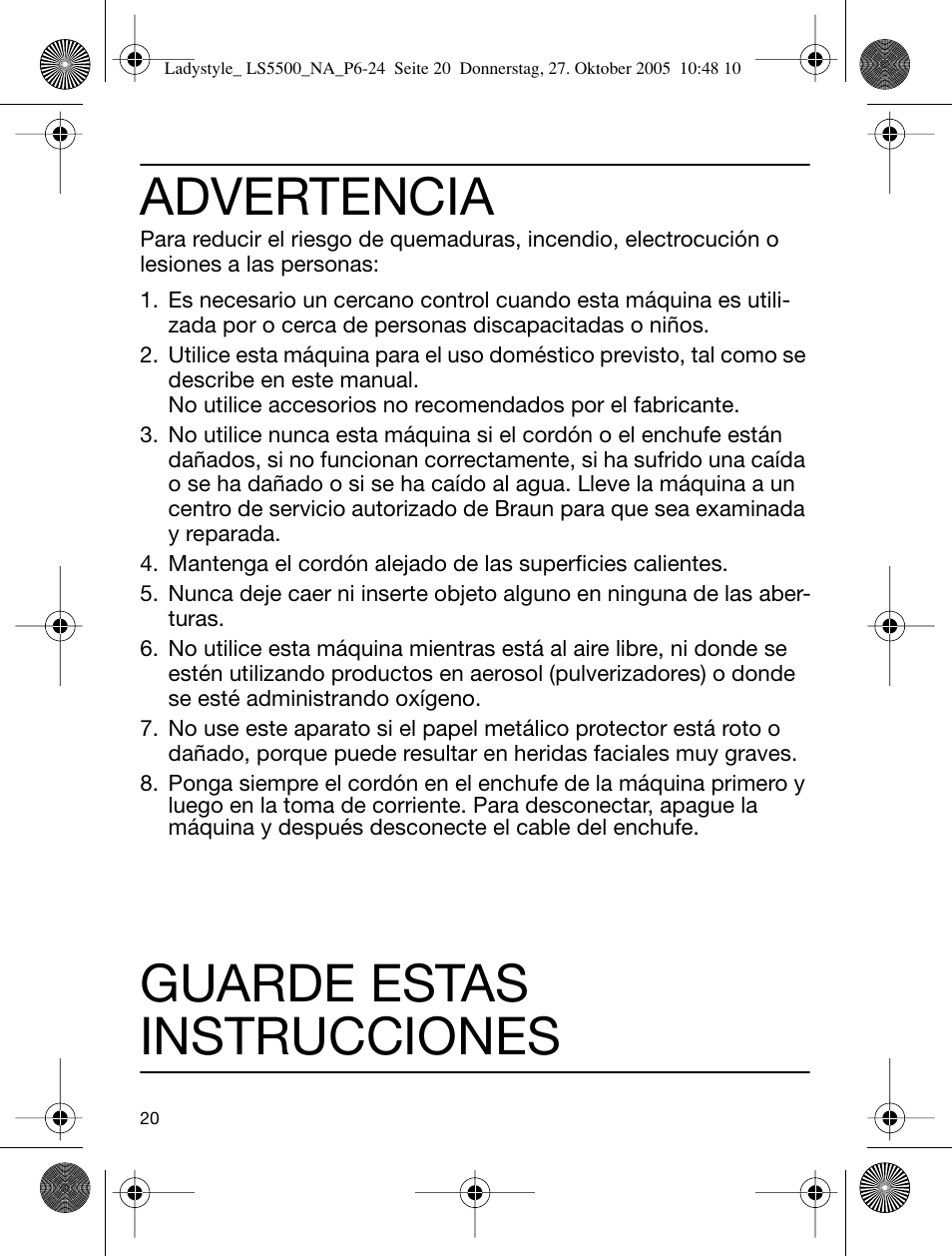 Advertencia, Guarde estas instrucciones | Braun LS 5550 User Manual | Page 19 / 23