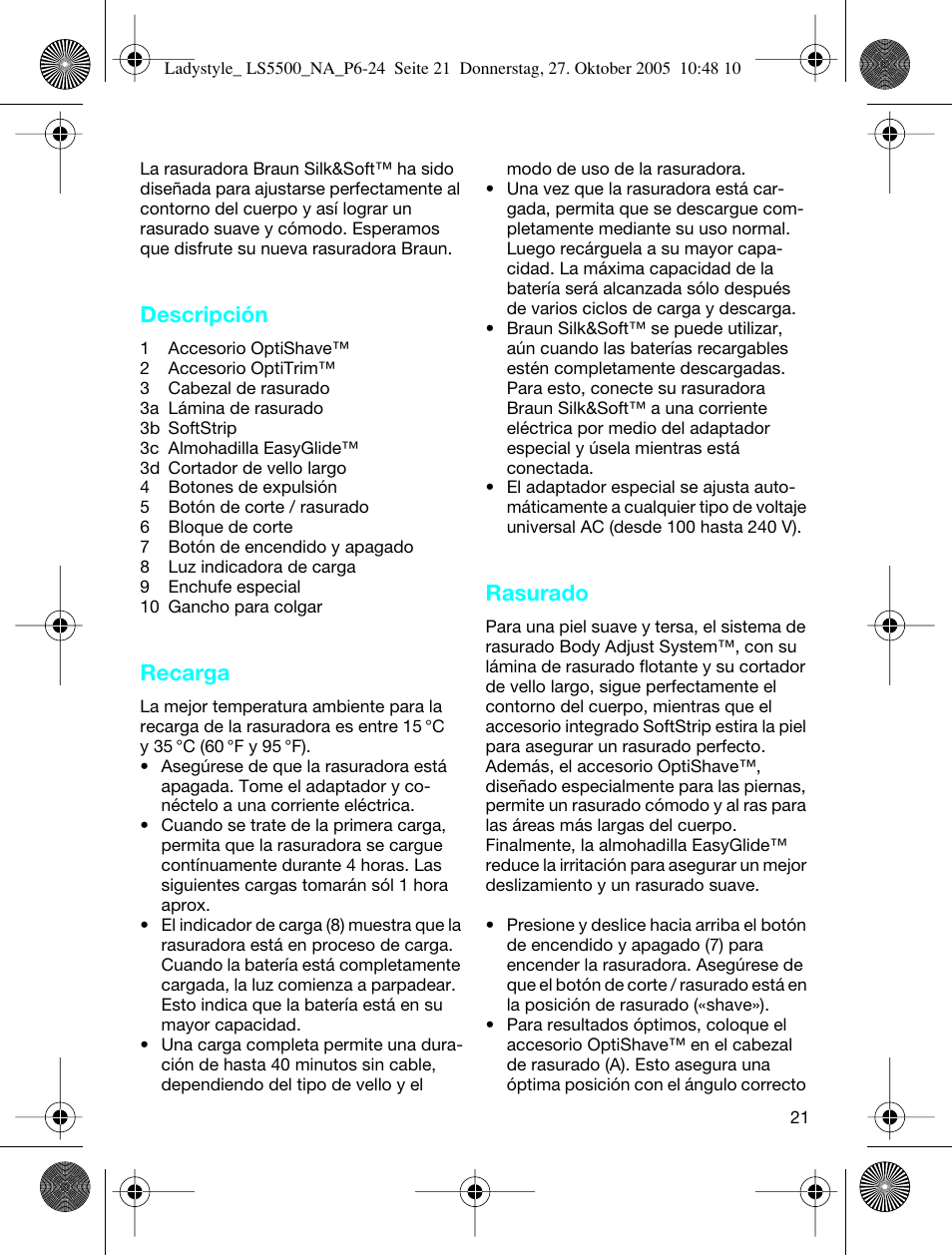 Descripción, Recarga, Rasurado | Braun LS 5550 User Manual | Page 20 / 23