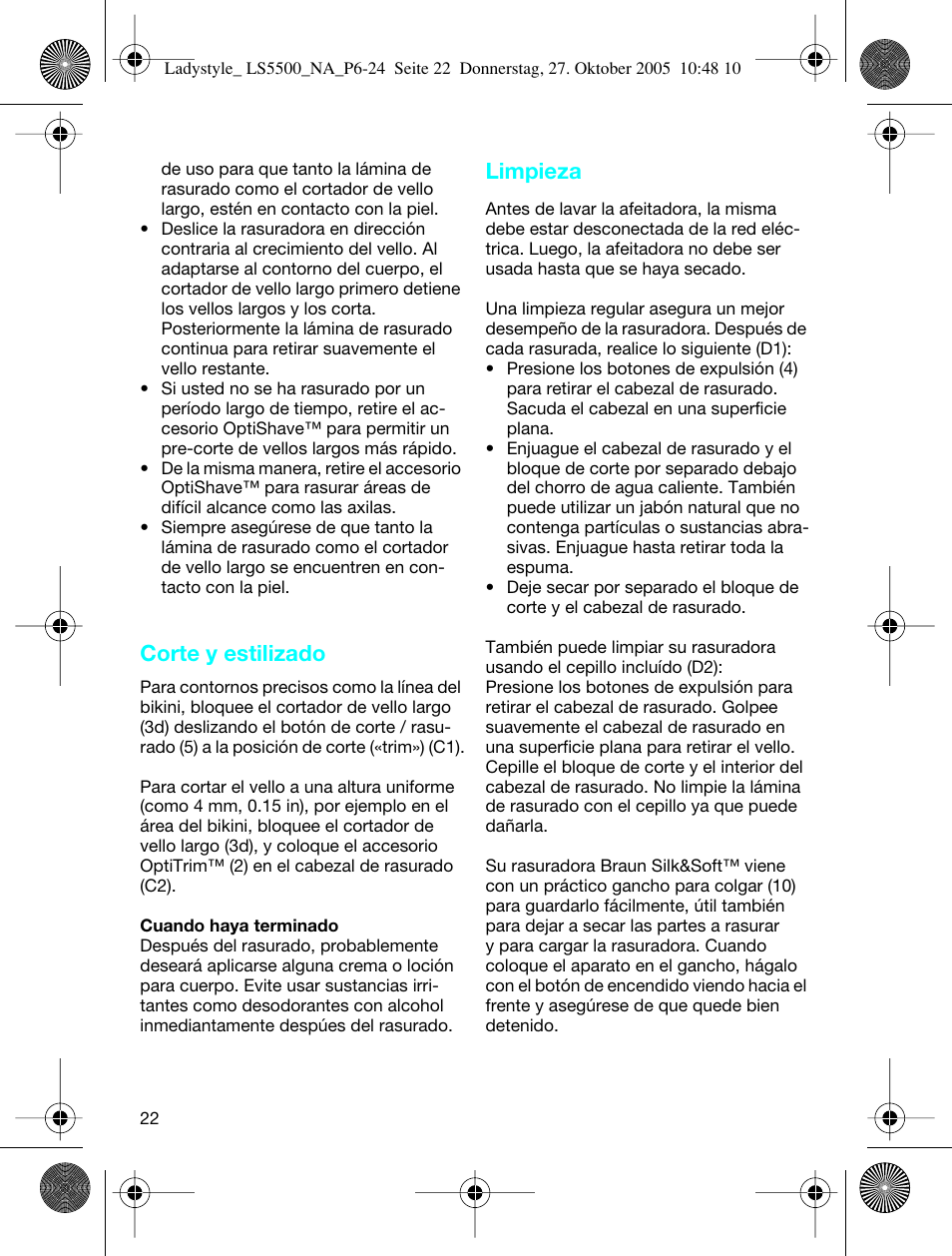 Corte y estilizado, Limpieza | Braun LS 5550 User Manual | Page 21 / 23