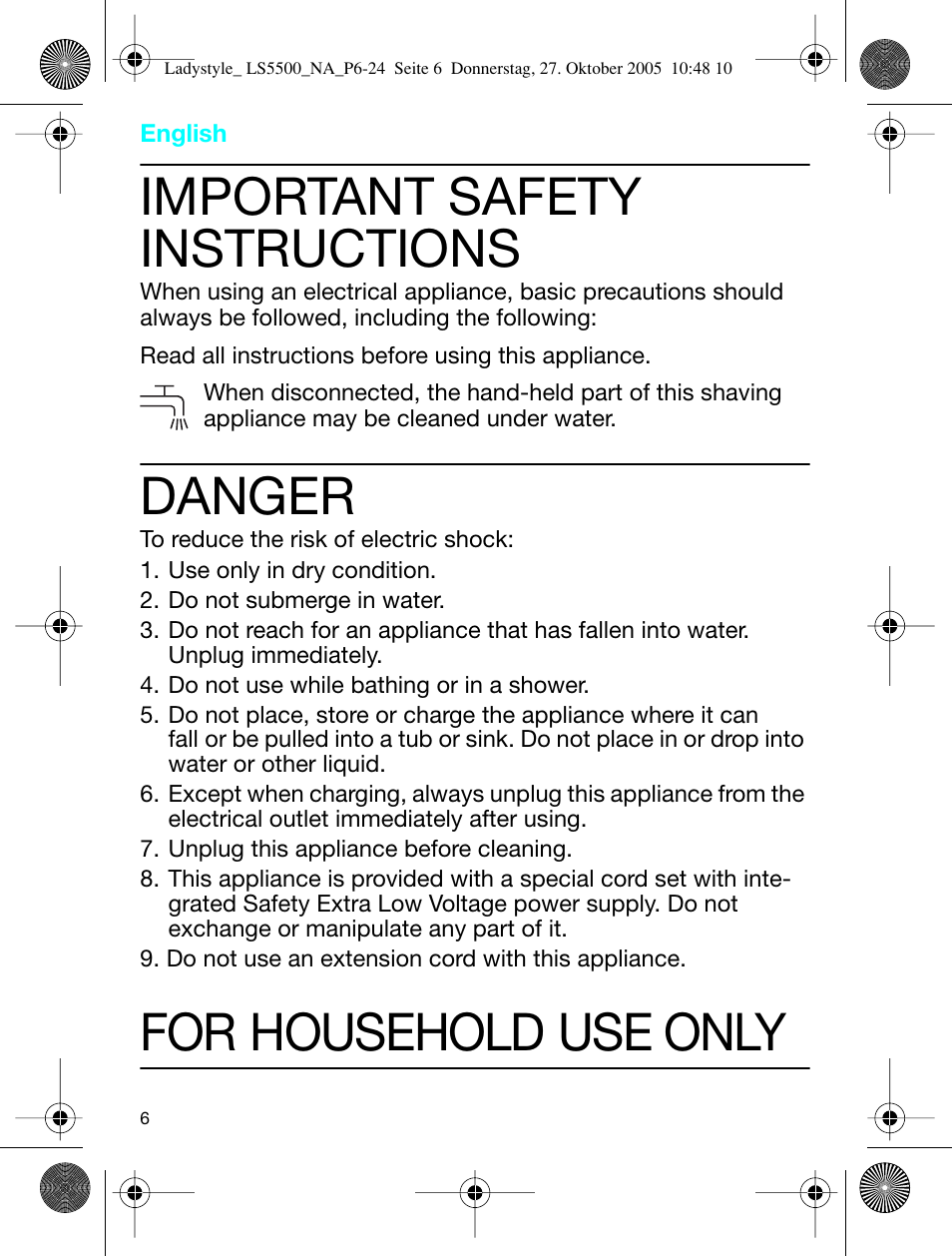 Important safety instructions, Danger, For household use only | Braun LS 5550 User Manual | Page 5 / 23