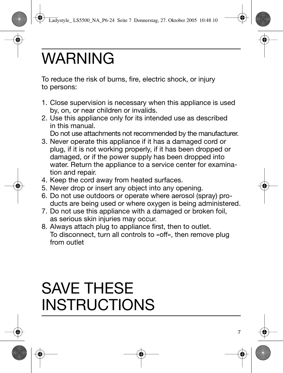 Warning, Save these instructions | Braun LS 5550 User Manual | Page 6 / 23