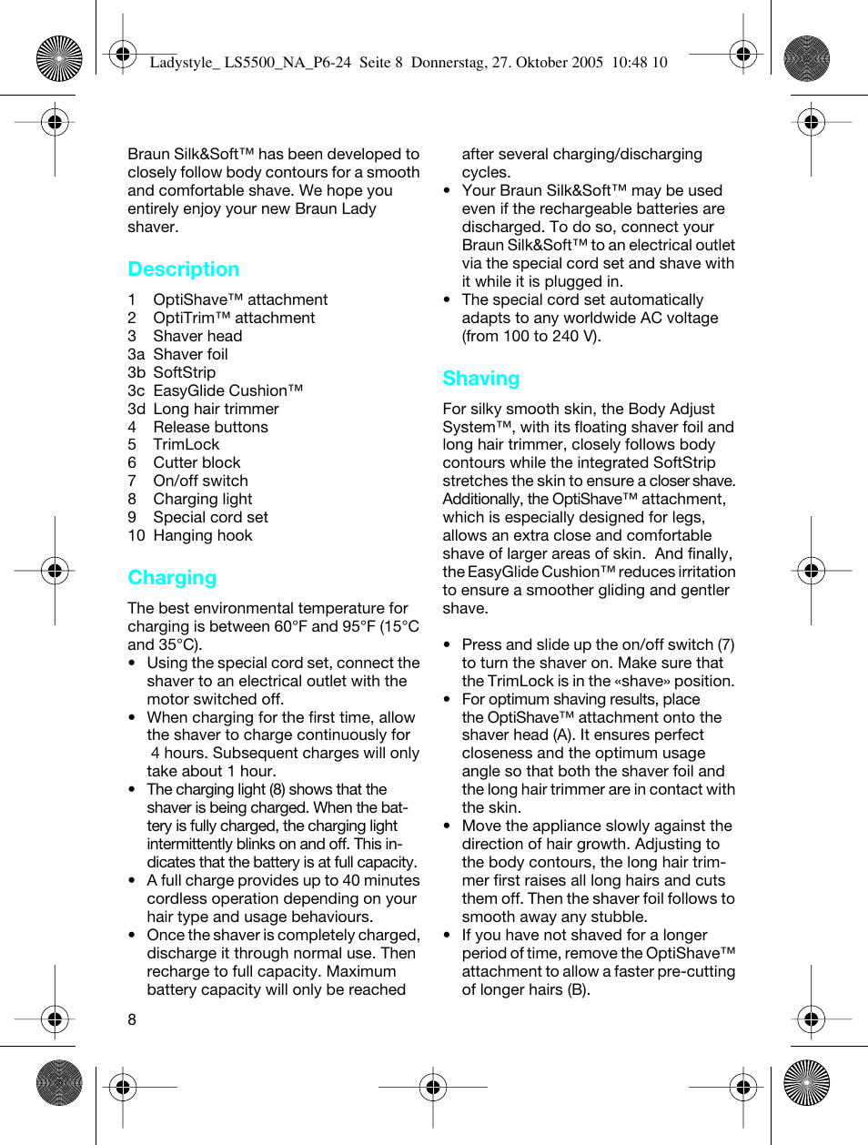 Description, Charging, Shaving | Braun LS 5550 User Manual | Page 7 / 23