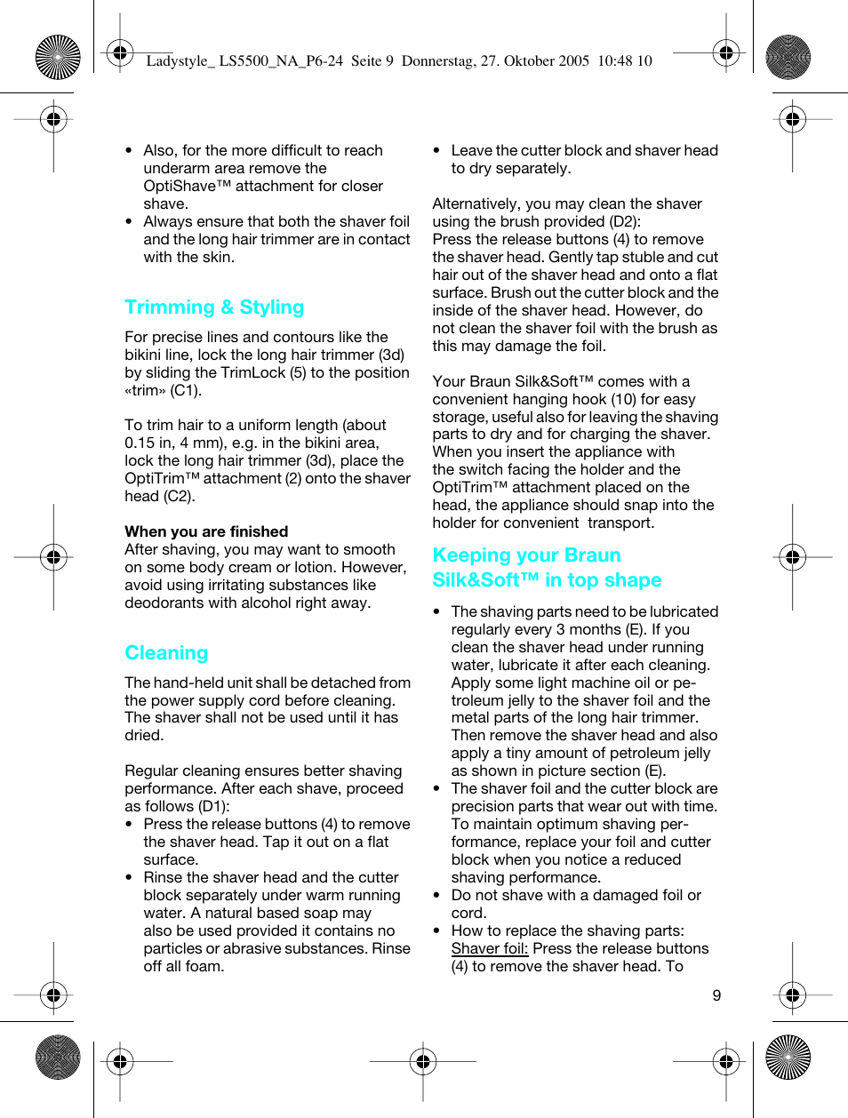 Trimming & styling, Cleaning, Keeping your braun silk&soft™ in top shape | Braun LS 5550 User Manual | Page 8 / 23