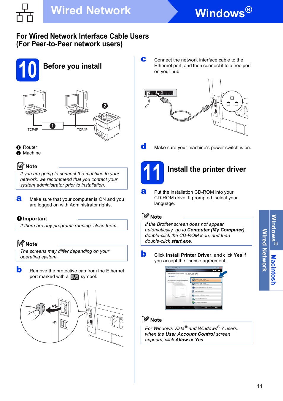 10 before you install, 11 install the printer driver, Windows | Wired network, Before you install, Install the printer driver | Brother HL-S7000DN User Manual | Page 11 / 35