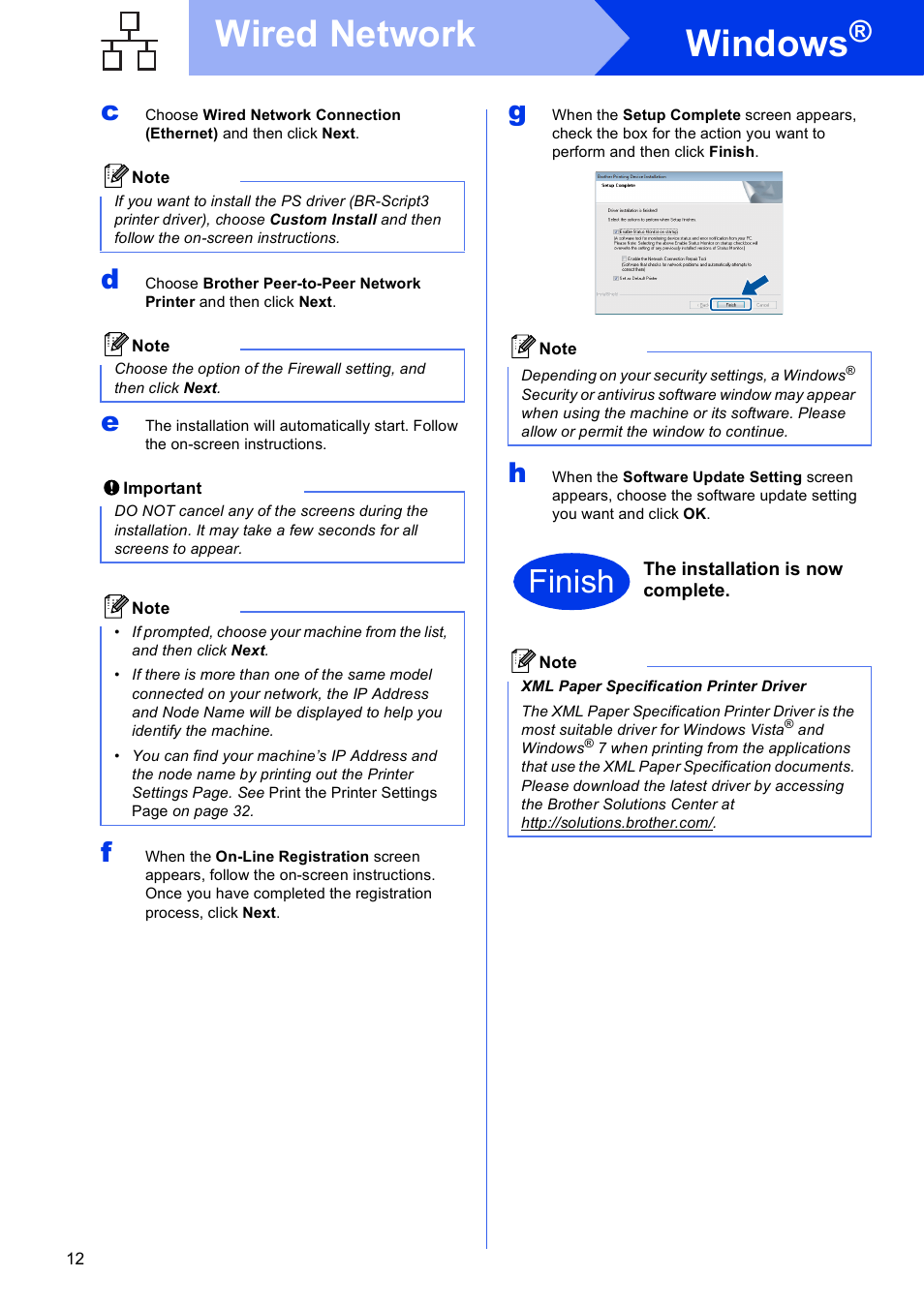 Windows, Wired network, Finish | Brother HL-S7000DN User Manual | Page 12 / 35