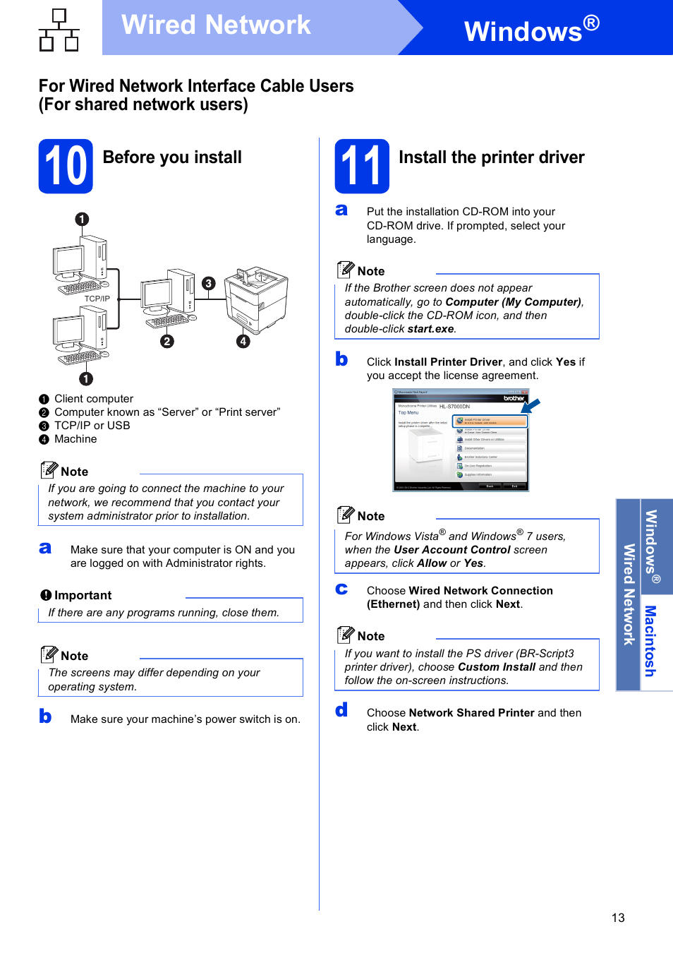 10 before you install, 11 install the printer driver, Windows | Wired network, Before you install, Install the printer driver | Brother HL-S7000DN User Manual | Page 13 / 35