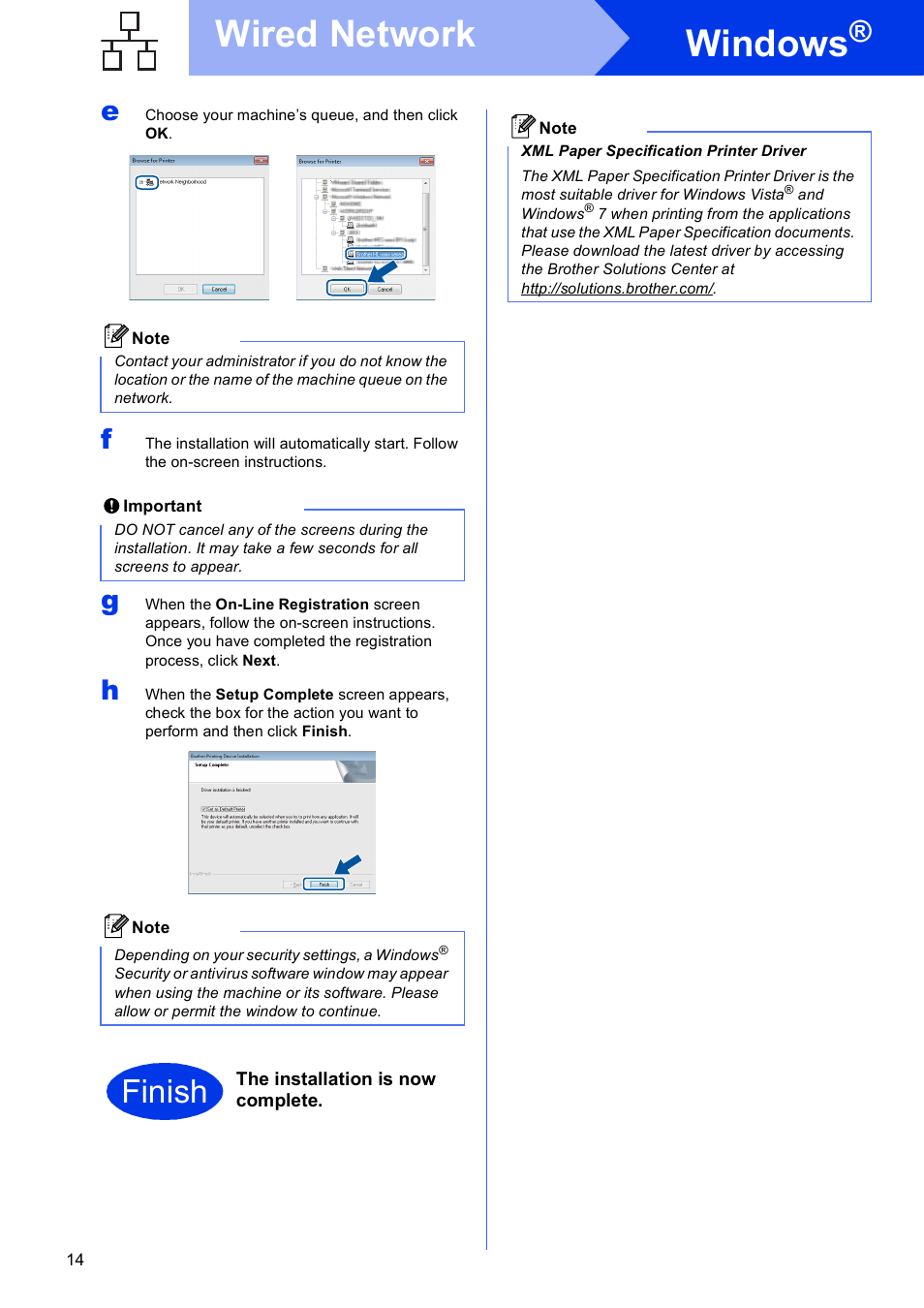 Windows, Wired network, Finish | Brother HL-S7000DN User Manual | Page 14 / 35