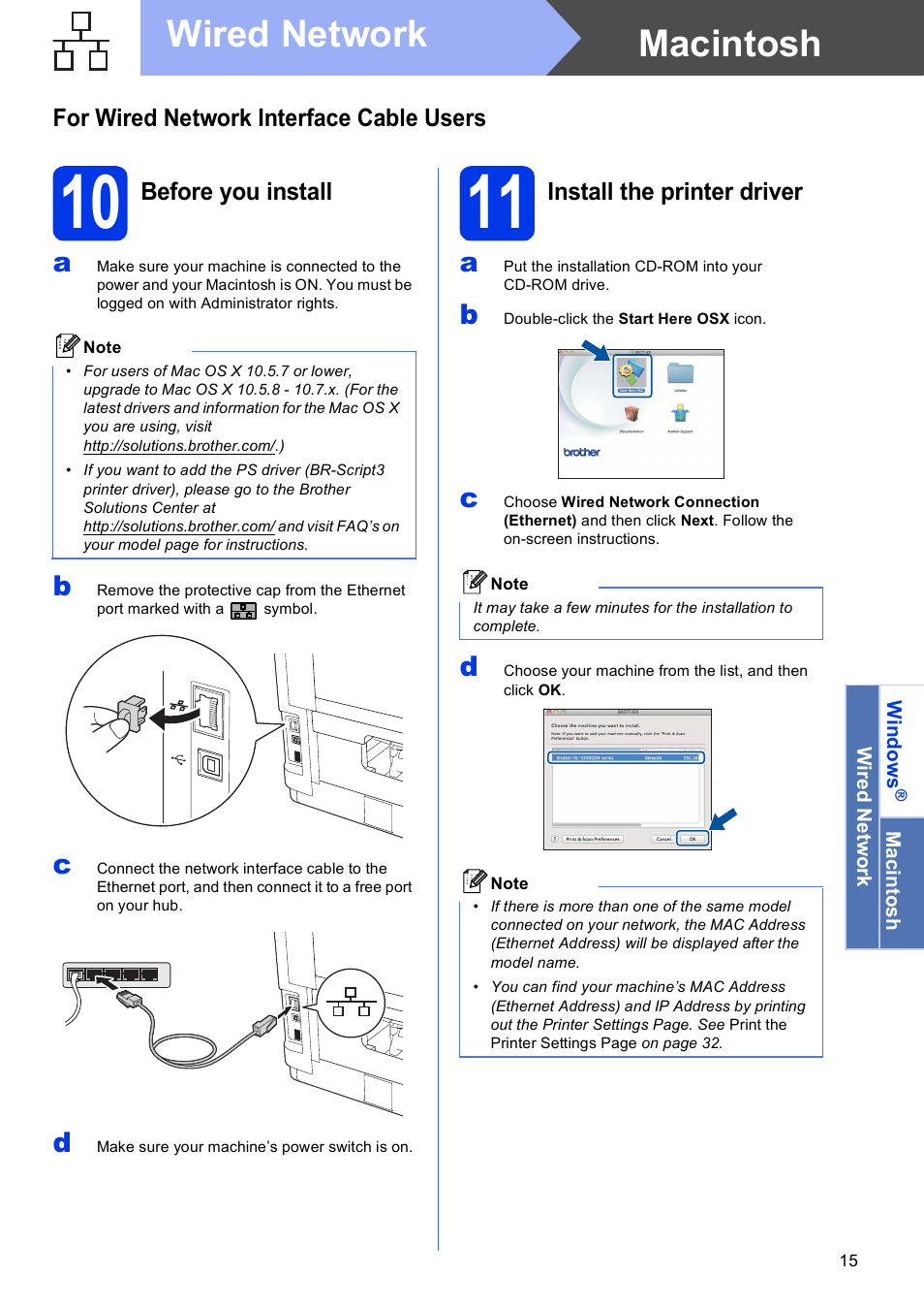 10 before you install, 11 install the printer driver, Macintosh wired network | Brother HL-S7000DN User Manual | Page 15 / 35