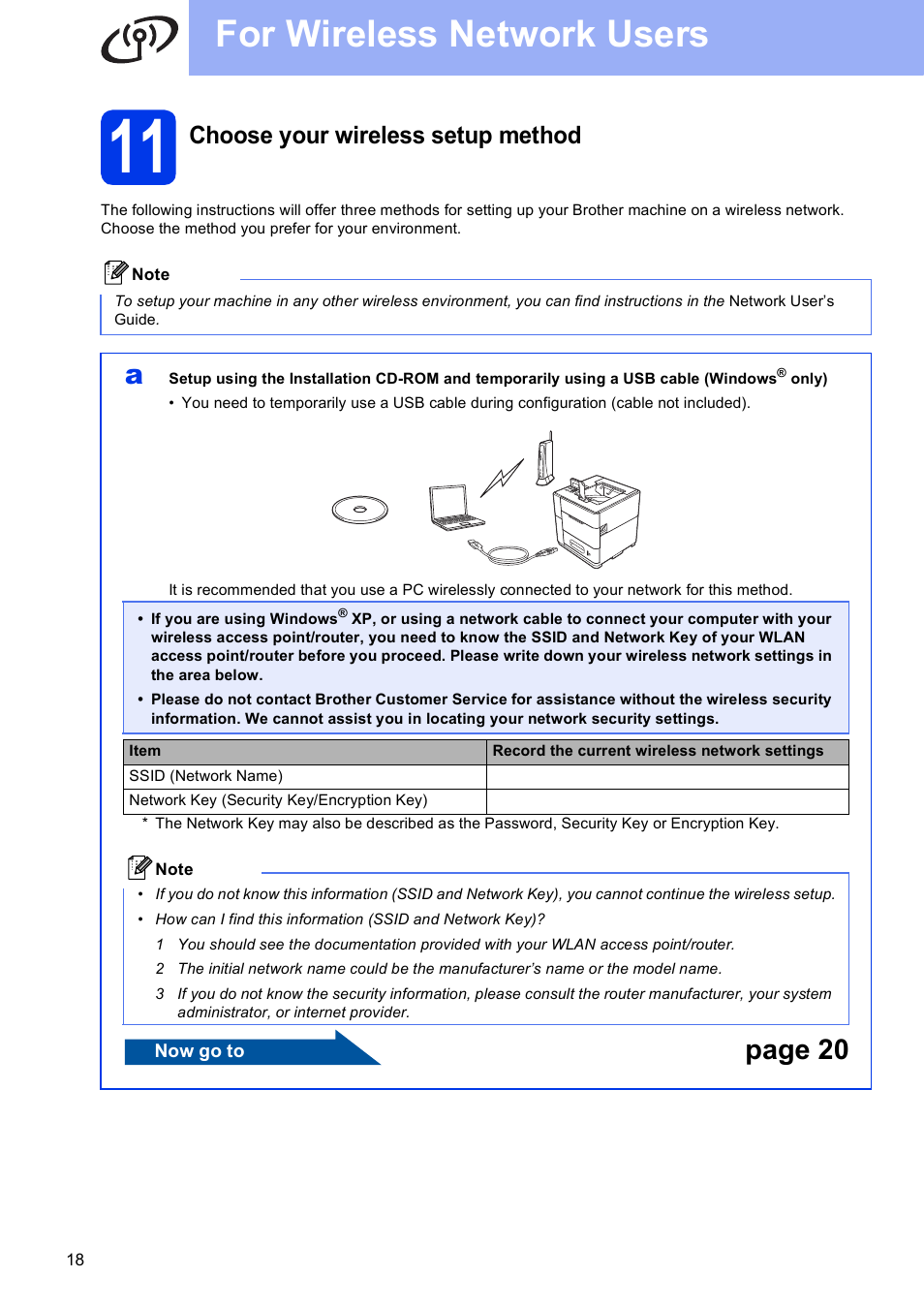 11 choose your wireless setup method, For wireless network users, Page 20 | Choose your wireless setup method | Brother HL-S7000DN User Manual | Page 18 / 35