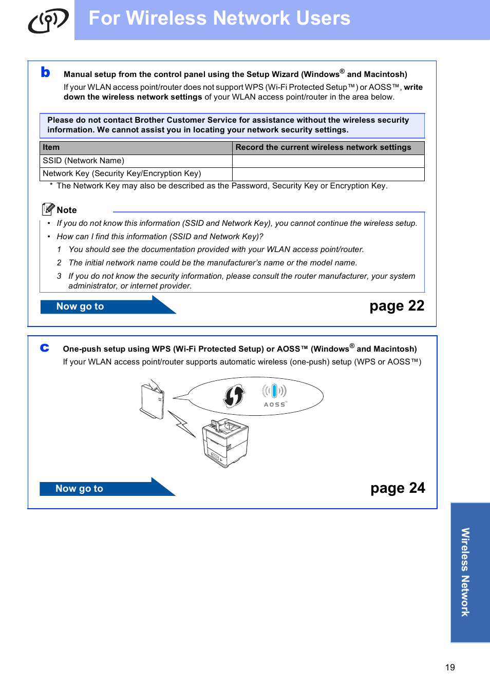 For wireless network users, Page 22 c, Page 24 | Brother HL-S7000DN User Manual | Page 19 / 35