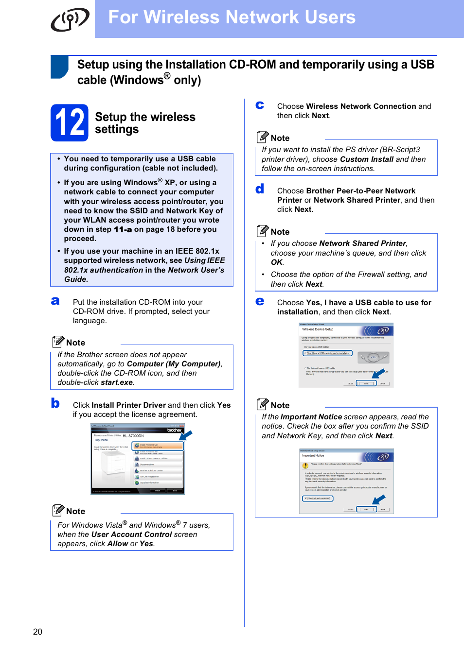 12 setup the wireless settings, For wireless network users, Only) | Setup the wireless settings | Brother HL-S7000DN User Manual | Page 20 / 35